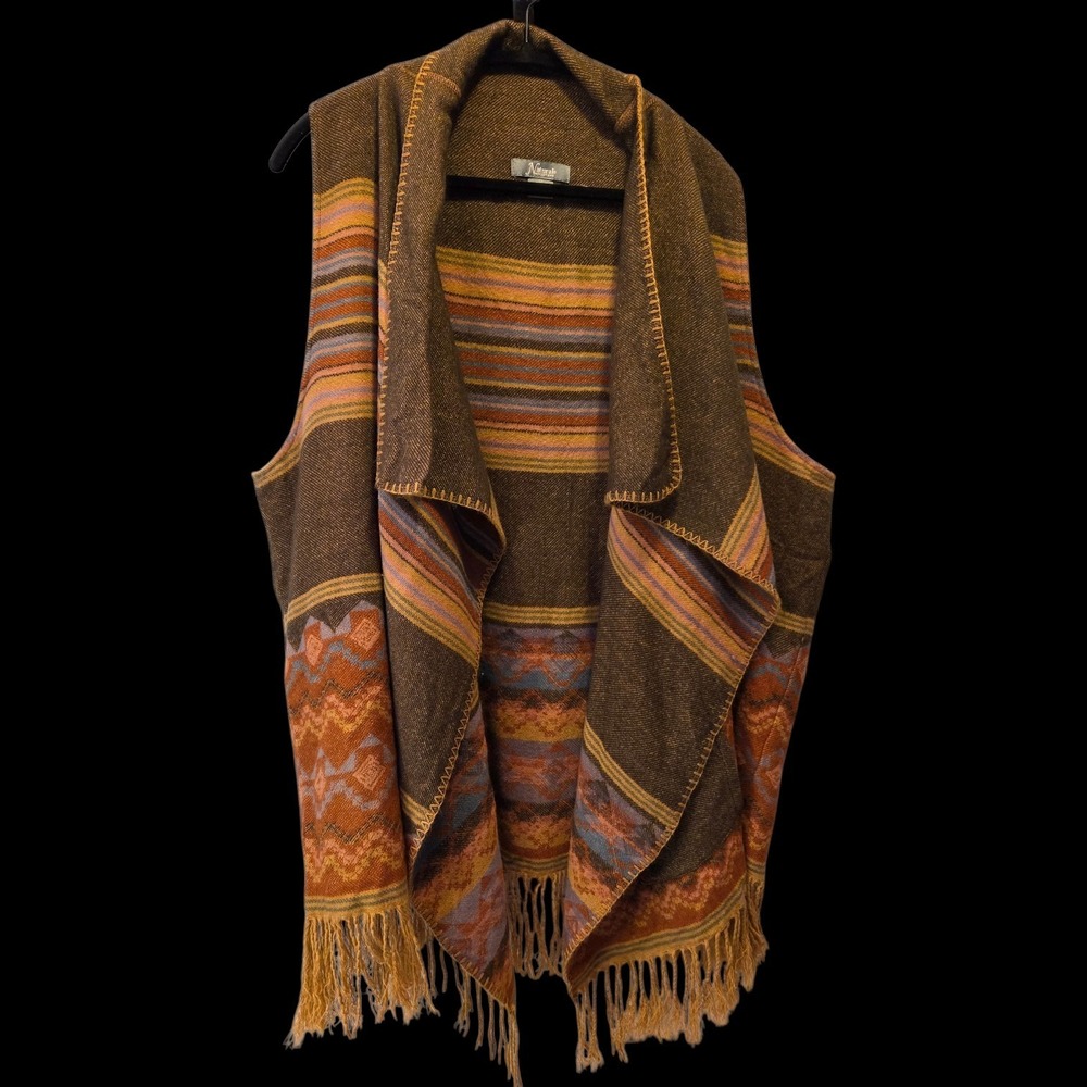 Natural Reflections 2XL  Poncho Vest Shawl Aztec Western‎ Acrylic Fringe